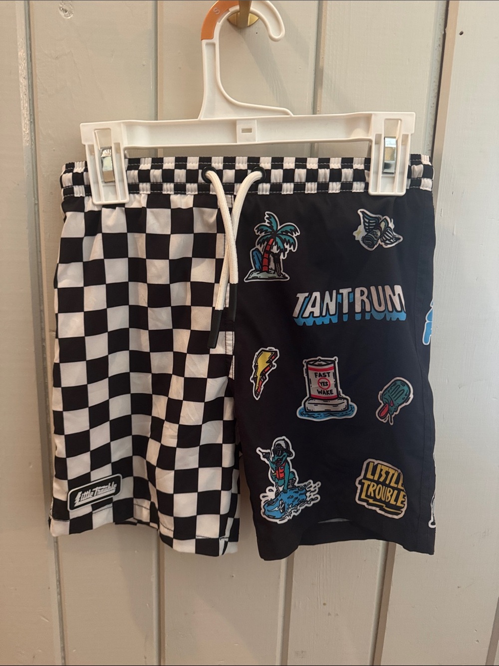 Black Checkerboard & Graphic Patch Kids Swim Trunks